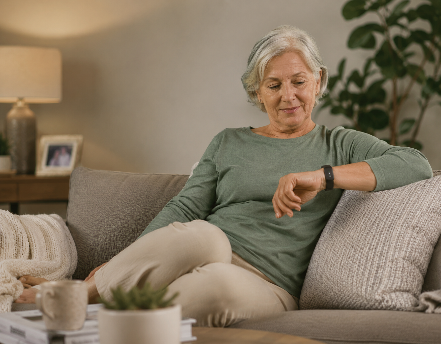 An older patient at home checking her connected health device